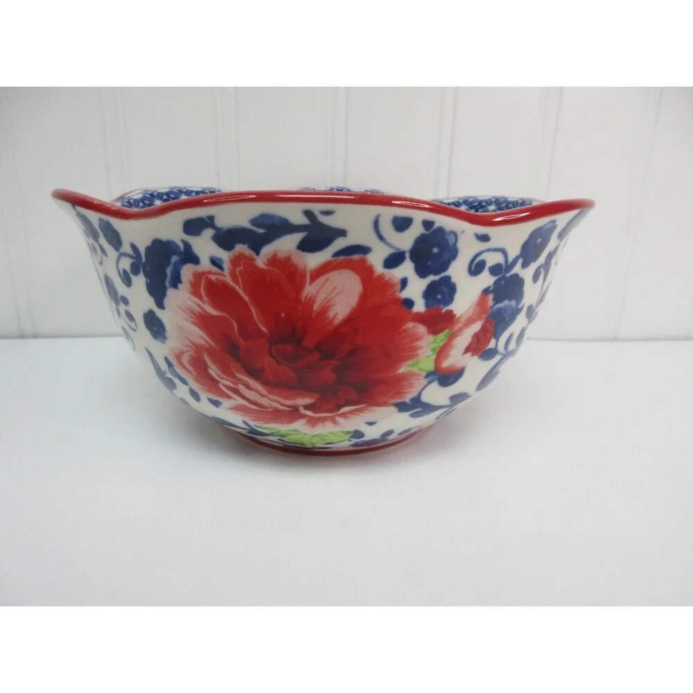 Set of 4 Pioneer Woman Heritage Floral Cereal Bowl Ceramic Red & Blue 6